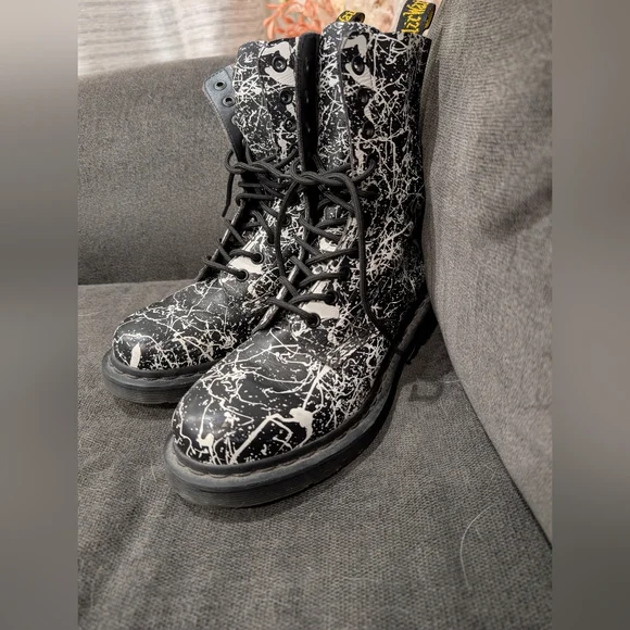 Dr. Martens 14610 Black & White Paint Splatter Combat Boots - Picture 3 of 11